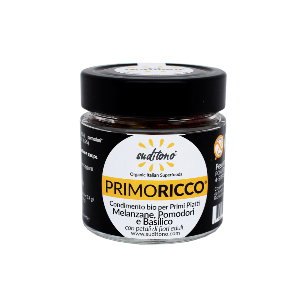 PRIMORICCO MELANZANE, POMODORI e BASILICO. Condimento bio per primi piatti