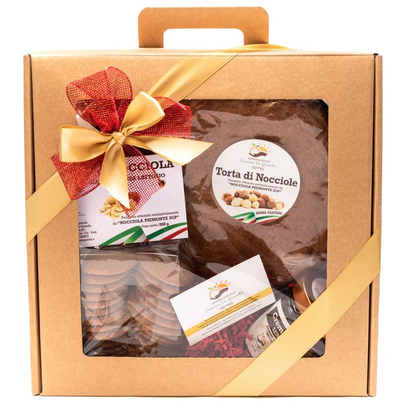 Box alle nocciole Piemonte igp. Una torta di nocciole, una crema Gianduia e le tegole di nocciole. Tutto senza glutine e con il 50%di nocciole!